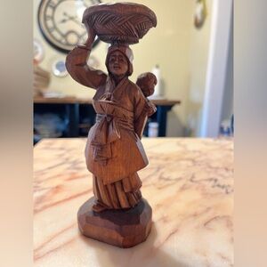 1960s Chinese Boxwood  Hand-Carved Wooden Mother and Child Figurine - Brown